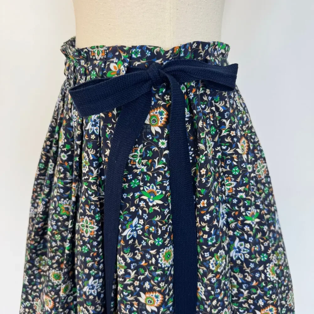 Tory Burch Silk Pleated Wrap Midi Skirt Navy Floral Multicolor Size 6